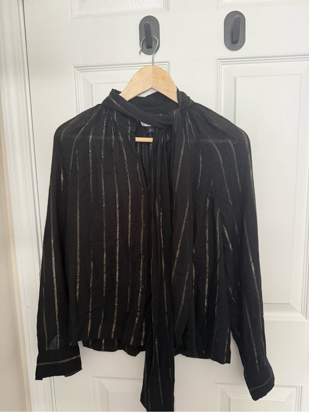 Universal Thread Black Blouse with Metallic Gold Stripes and Tie Neck